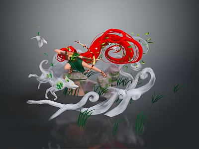 Woman With Long Red Hair In Green Outfit Surrounded By White Waves And Green Grass 3d model
