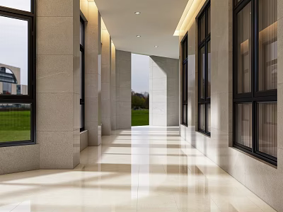 Modern Elevator Hallway With Marble Flooring Large Windows Natural Light And Modern Architecture 3d model
