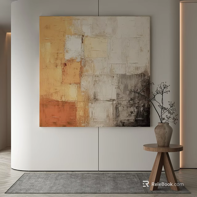 Warm Tones Abstract Painting On White Wall With Wooden Table And Dried Branch Vase 3d model 