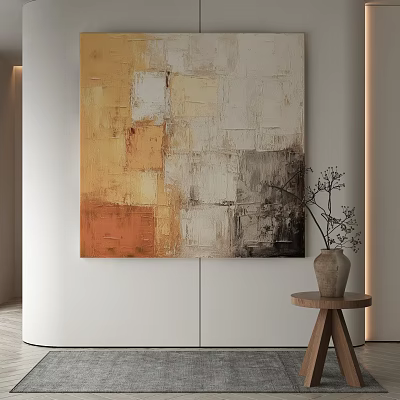 Warm Tones Abstract Painting On White Wall With Wooden Table And Dried Branch Vase 3d model