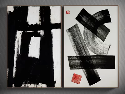 Modern Abstract Black And White Wall Decor With Two Pieces Red Accents And Frames 3d model