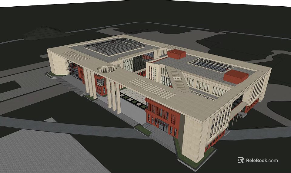 Modern Cultural Center Building Design With Glass Roof And Stone Facade 3d model 
