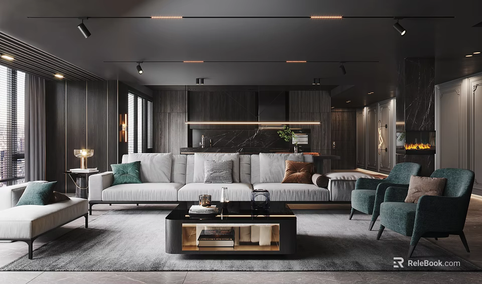 Modern Living Room Interior With Gray Sofa Green Cushions And Wooden Coffee Table 3d model 