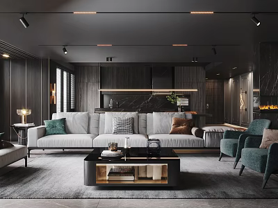 Modern Living Room Interior With Gray Sofa Green Cushions And Wooden Coffee Table 3d model