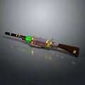 Vintage Weapon with Wooden Stock Shiny Metal Barrel and Green Gold Decorative Accents