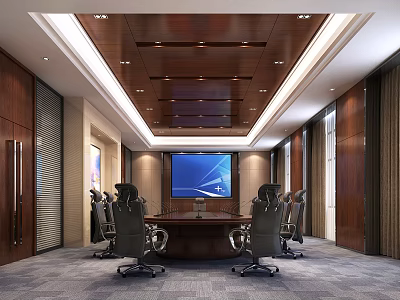 Modern Conference Room Interior With Wooden Decor Large Screen And Black Office Chairs 3d model
