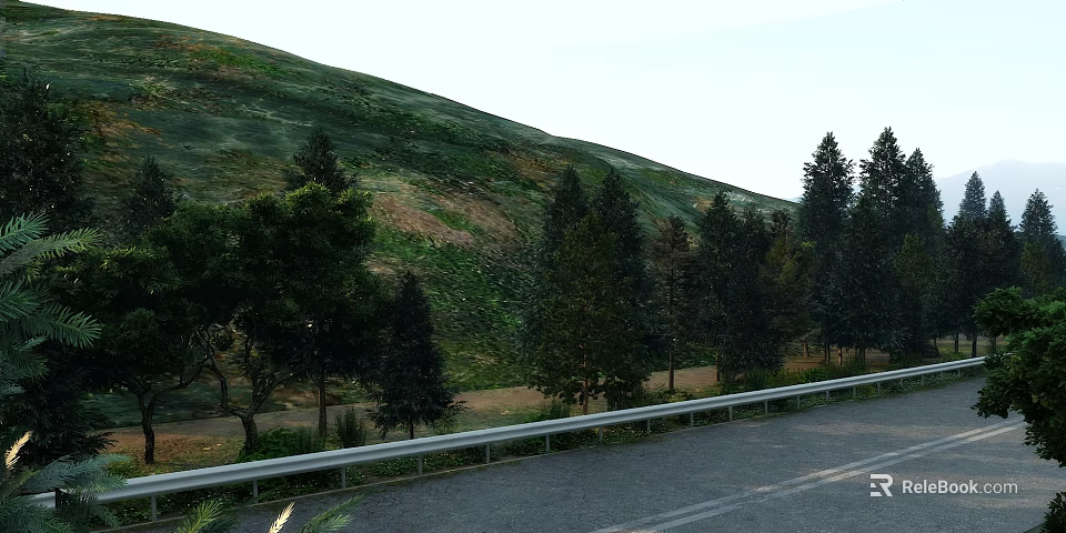Swing Doors With Green Mountain Vegetation And Roadside Guardrail View 3d model 