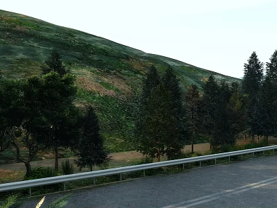Swing Doors With Green Mountain Vegetation And Roadside Guardrail View 3d model