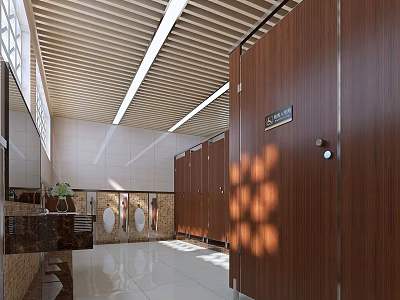 Modern Spacious Public Toilet With Wooden Stalls And Bright Ceiling Lights And Glossy Clean Floor 3d model