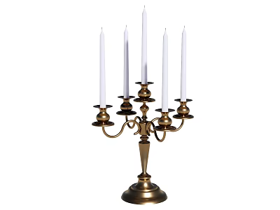 Brass Candelabra With Five White Candles Classic Vintage Design And Sturdy Base 3d model