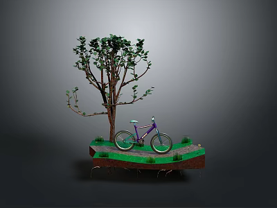 Purple Bicycle Parked Under Green Tree On Green Platform With Gray Background 3d model