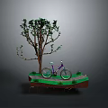 Purple Bicycle Parked Under Green Tree On Green Platform With Gray Background