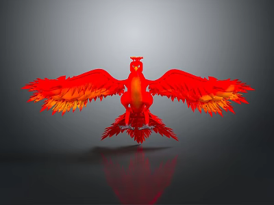 Red Phoenix Spreading Wings With Orange Gradient Feathers Against Gray Background Showing Reflection 3d model