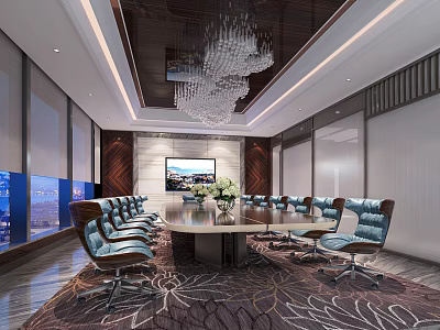 Modern Conference Room With Chandelier Long Table Chairs TV Floor to Ceiling Windows And Carpet 3d model