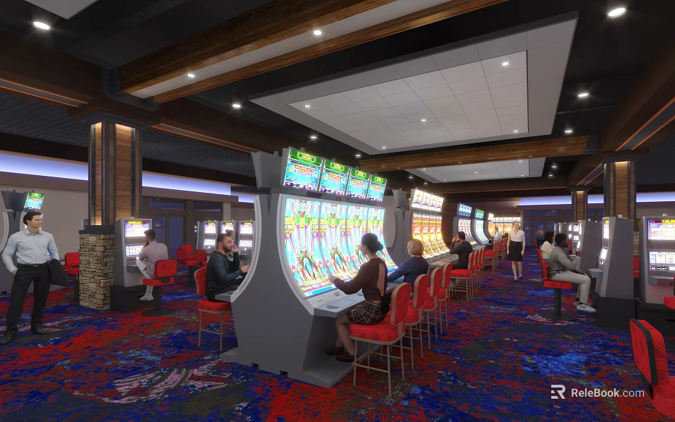 Playground Gaming Zone With Slot Machines Red Chairs Wooden Ceiling And Colorful Carpet 3d model 