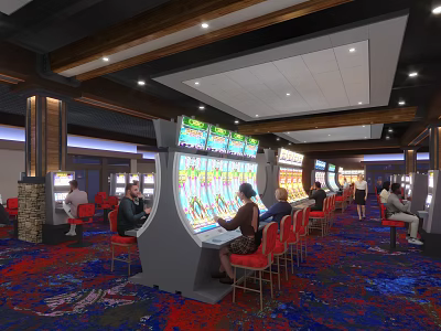 Playground Gaming Zone With Slot Machines Red Chairs Wooden Ceiling And Colorful Carpet 3d model