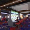 Playground Gaming Zone With Slot Machines Red Chairs Wooden Ceiling And Colorful Carpet