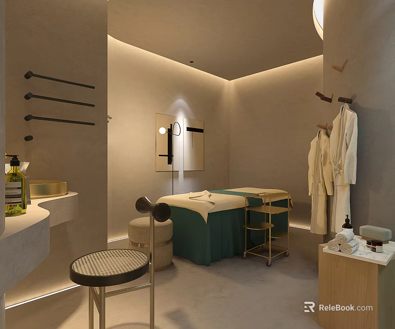 Elegant Beauty Salon Interior With Green Sheet Beauty Bed White Robes And Mirror 3d model 