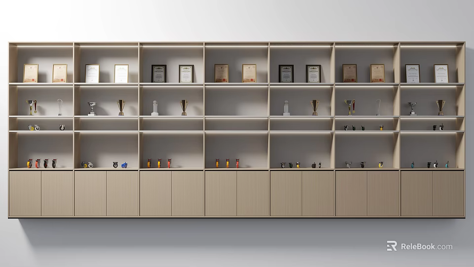 Modern Light Wood Display Shelves With Multiple Layers Holding Trophies And Decorative Items 3d model 