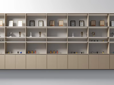Modern Light Wood Display Shelves With Multiple Layers Holding Trophies And Decorative Items 3d model