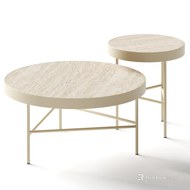 Light Colored Round Coffee Tables With Marble Textured Top And Metal Frame 3d model