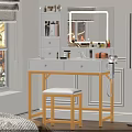White Dressing Table With Golden Legs Mirror And Stool For Cosmetics Storage