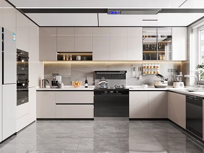 Modern Kitchen Interior Design With White Cabinets Black Appliances And Island Counter 3d model