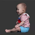 Cute Baby Sitting On Black Reflective Surface Wearing Red White Striped Shirt Blue Shorts Smiling