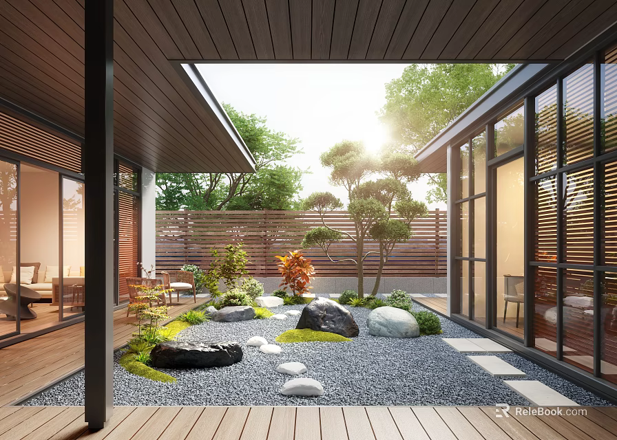 Courtyard Garden With Wooden Flooring Stone Path Green Plants Glass Walls and Sunlit Seating Area 3d model 