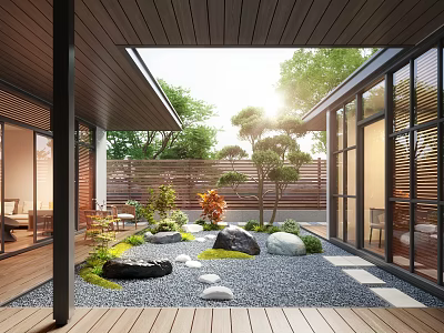 Courtyard Garden With Wooden Flooring Stone Path Green Plants Glass Walls and Sunlit Seating Area 3d model