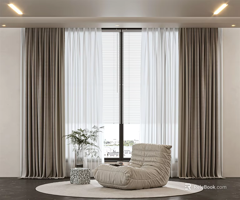 Gray Curtains With White Sheer And Blinds In Modern Living Room With Armchair And Vase 3d model 