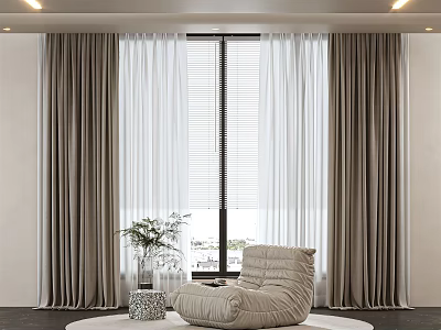 Gray Curtains With White Sheer And Blinds In Modern Living Room With Armchair And Vase 3d model