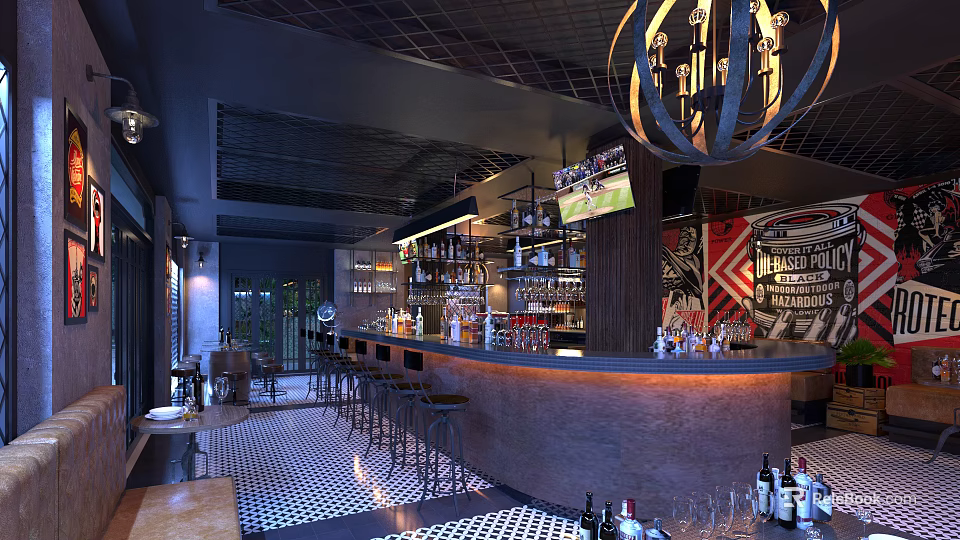 Modern Bar Interior with Bar Counter Stools Chandelier Decorative Mural and Black White Tiled Floor 3d model 