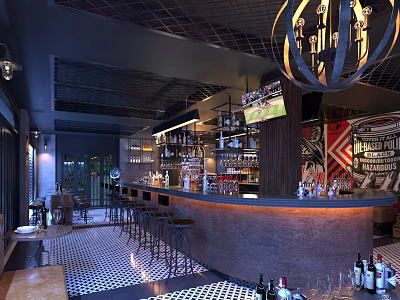 Modern Bar Interior with Bar Counter Stools Chandelier Decorative Mural and Black White Tiled Floor 3d model