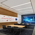 Modern Exhibition Hall With Wooden Walls Display Screens Conference Tables And Black Chairs
