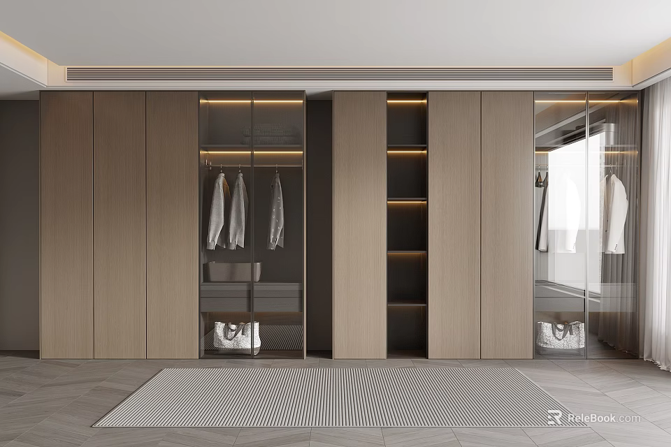 Modern Wooden Wardrobe Design With Glass Doors Hanging Rails And Shelves 3d model 