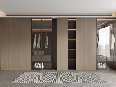 Modern Wooden Wardrobe Design With Glass Doors Hanging Rails And Shelves 3d model