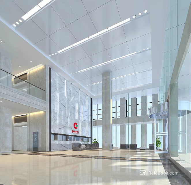 Spacious Modern Service Hall Interior Design With Marble Walls Glass Partitions And Ceiling Lighting 3d model 