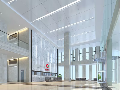 Spacious Modern Service Hall Interior Design With Marble Walls Glass Partitions And Ceiling Lighting 3d model
