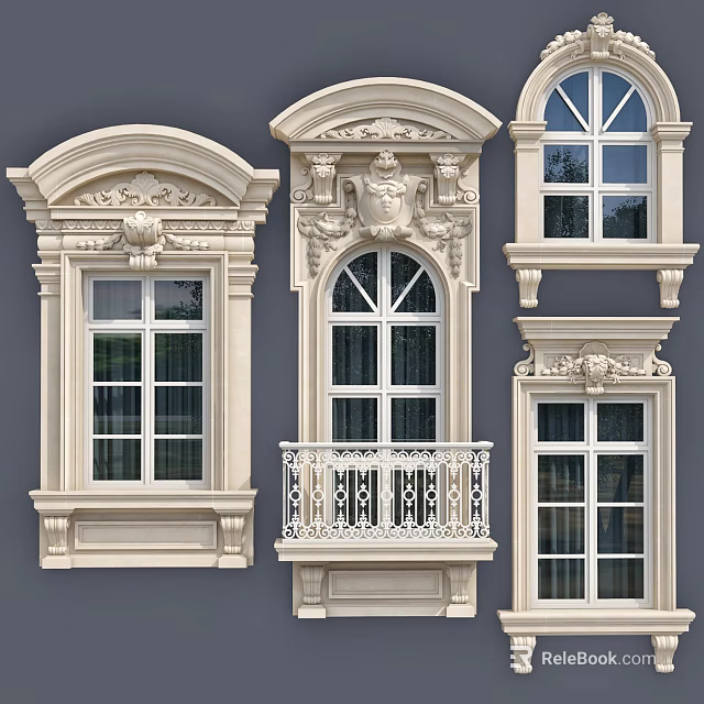 Elegant Casement Windows with Carved Details Balcony Railings and Various Classical Designs 3d model 