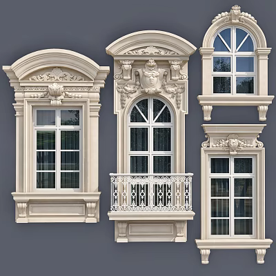 Elegant Casement Windows with Carved Details Balcony Railings and Various Classical Designs 3d model