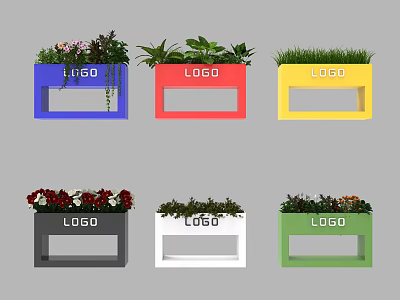 Colorful Planters With LOGO And Various Plants For Outdoor Decoration 3d model