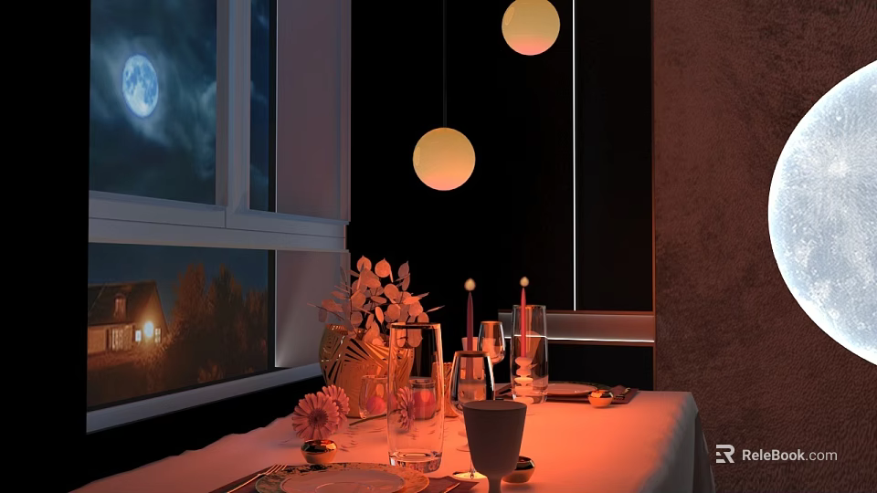 Dining Table And Chairs With Warm Lighting Pendant Lights Flower Arrangement And Night View Window 3d model 