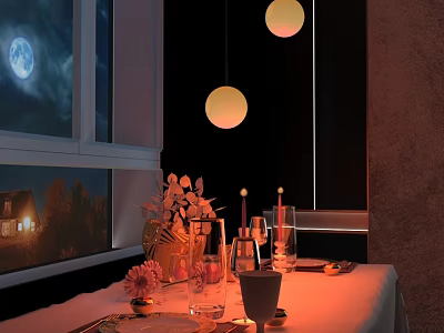 Dining Table And Chairs With Warm Lighting Pendant Lights Flower Arrangement And Night View Window 3d model