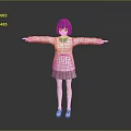 Child With Blue Gray Hair White Sweater Pink Bow Brown Pleated Skirt Arms Outstretched