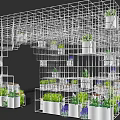 Modern Garden Landscape With Metal Grid Structure And Hanging Planters With Lavender And Green Plants