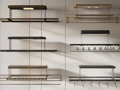 Different Styles Wall Mounted Clothes Hangers with Hooks and Storage Shelves 3d model