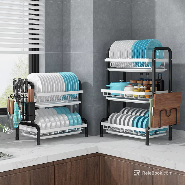 Modern Kitchen Dish Rack Organizer With Plates Bowls Cups And Utensil Storage 3d model 