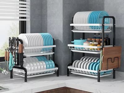 Modern Kitchen Dish Rack Organizer With Plates Bowls Cups And Utensil Storage 3d model