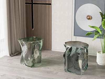 Modern Sculptural Glass Stools In Contemporary Living Room With Wooden Floor And Green Plant 3d model